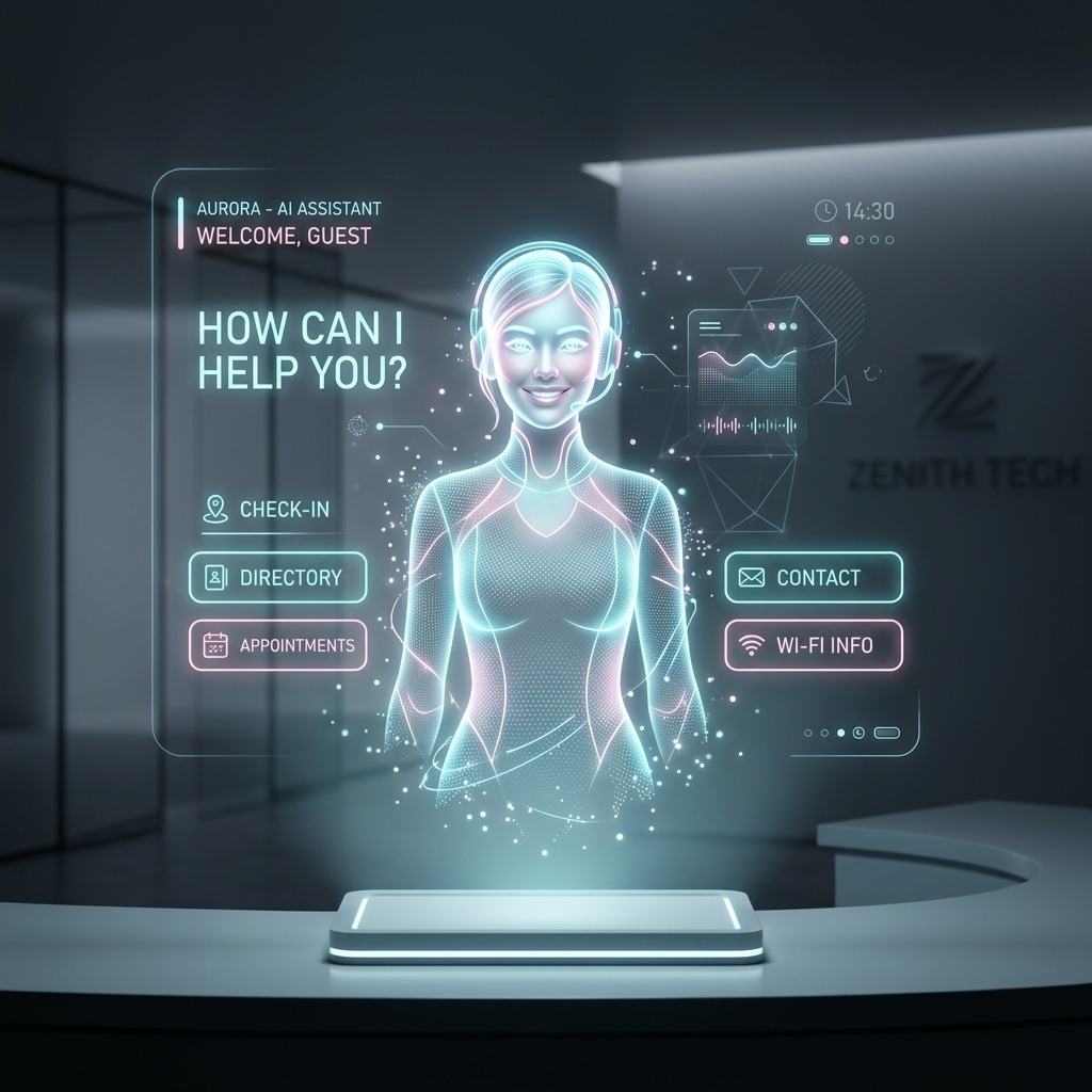 A glowing 3D hologram of Aurora, the AI Receptionist Assistant, showing available appointments and contact options.